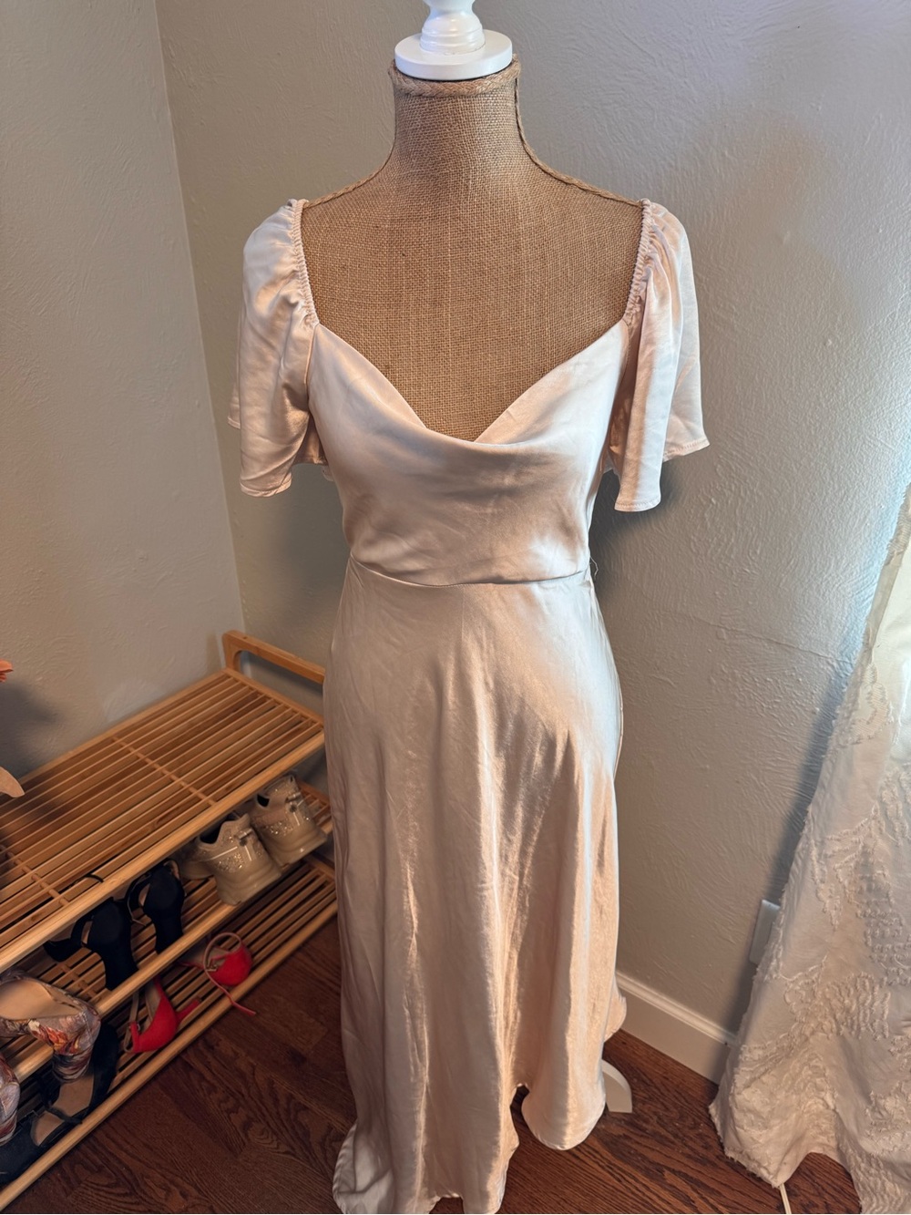 NWT Elegant Cream Satin Midi Dress with Flutter Sleeves
